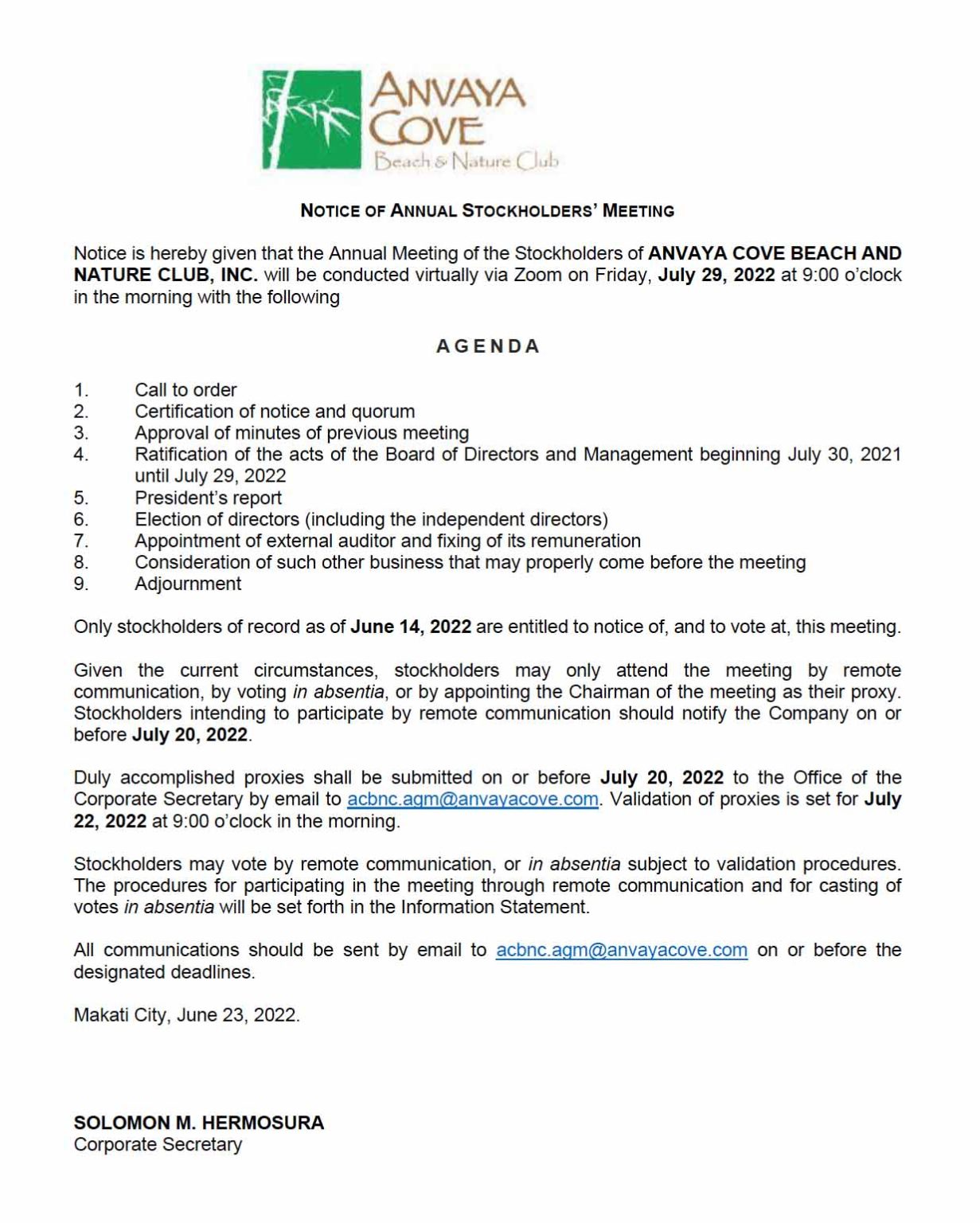 Notice Of Annual Stockholders’ Meeting 2022 – Anvaya Cove – Beach And ...