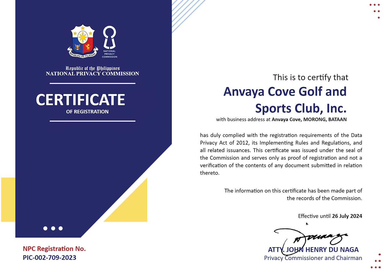 Npc certificate of registration acgsc anvaya cove golf and sports