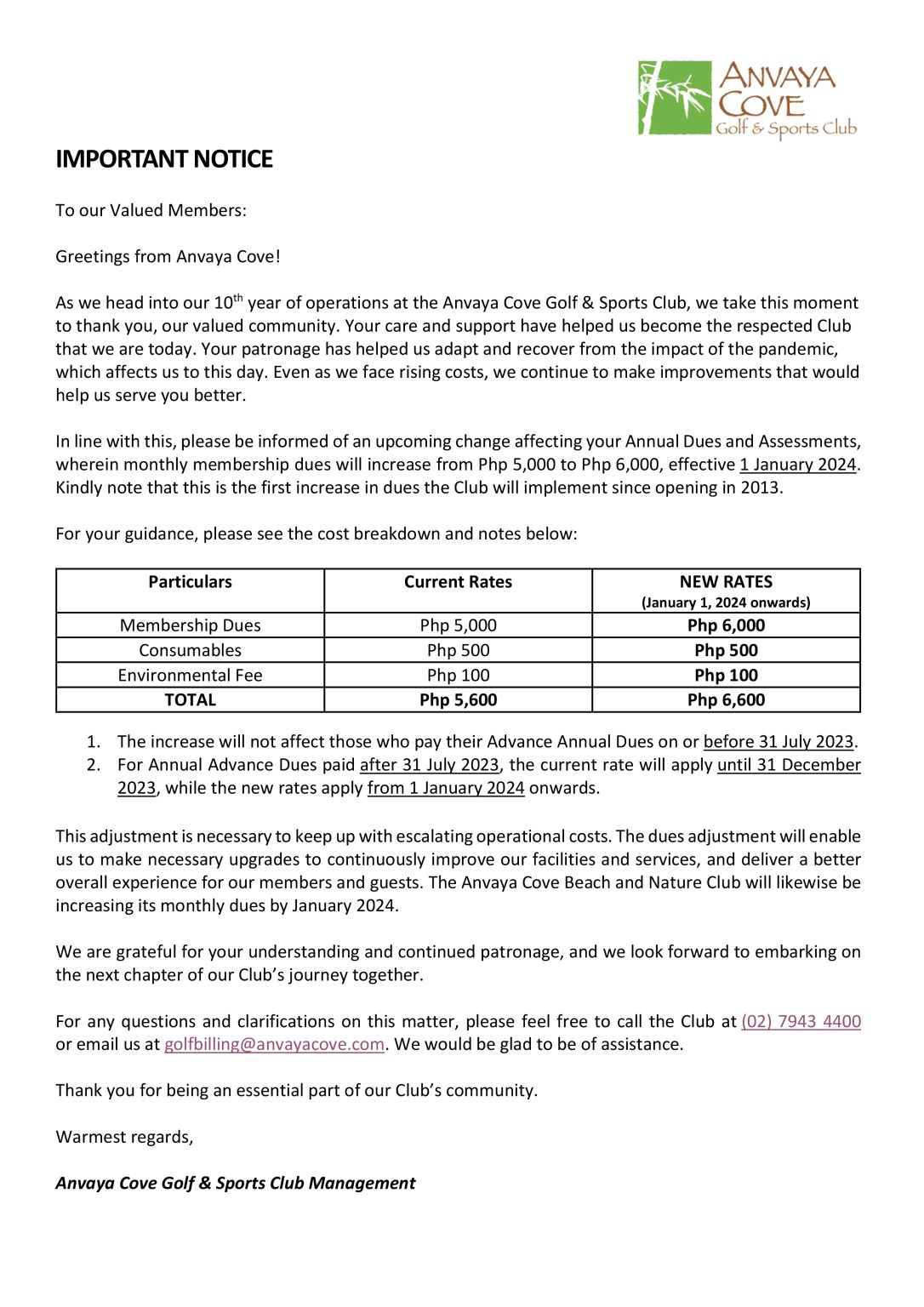 ACGSC NOTICE | Increase of Monthly Dues 2024 – Anvaya Cove – Golf and ACGSC NOTICE | Increase of Monthly Dues 2024 – Anvaya Cove – Golf and